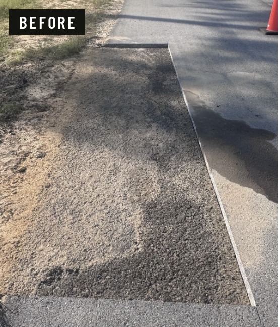 Before: a crumbling, sunken roadway crossing at the edge of the pavement, broken down to loose aggregate.