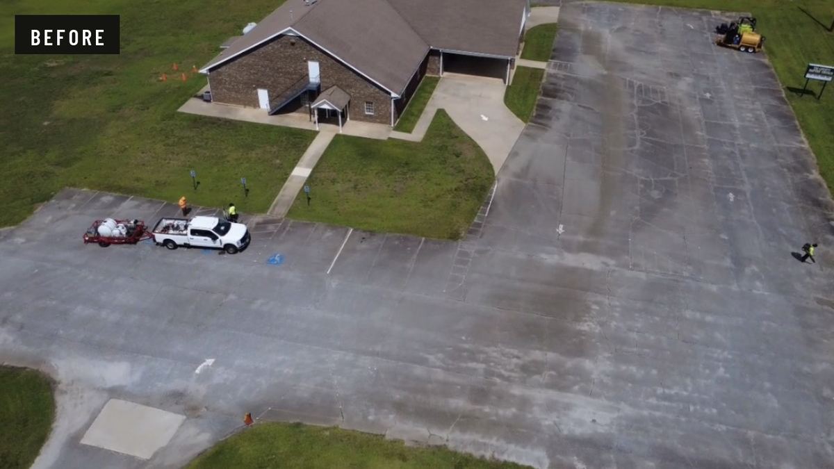 Before: aerial view of a faded, cracked church parking lot with worn-out stall lines.