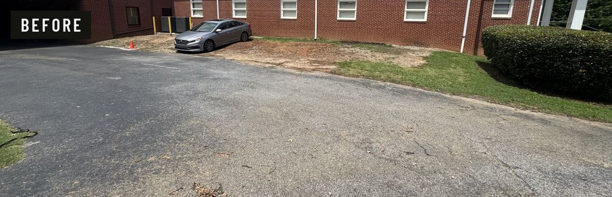 Before: a worn, cracked entry drive beside a brick building with bare dirt where parking should be.
